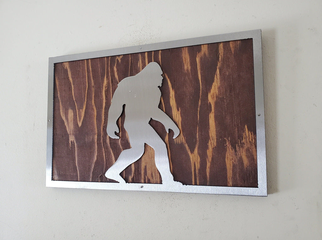 Bigfoot Walking Metal Art on Wood
