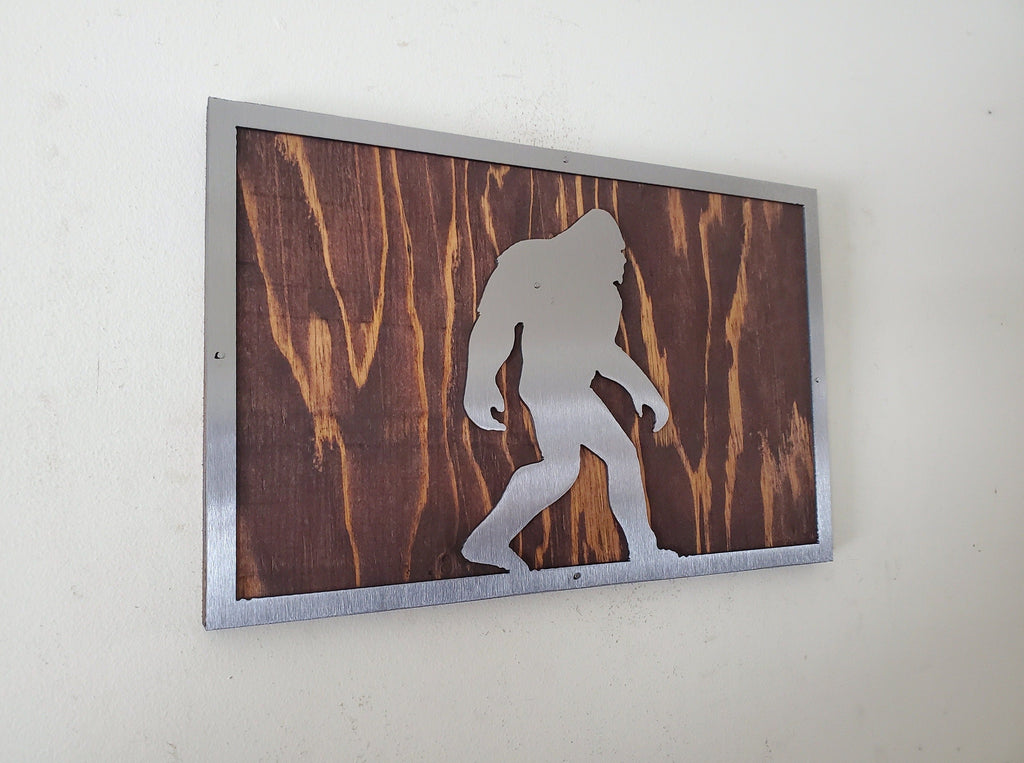 Bigfoot Walking Metal Art on Wood