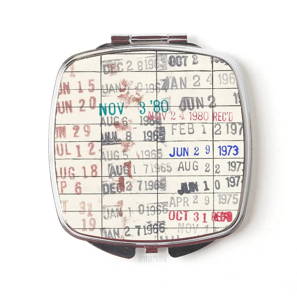 Library Card Compact Mirror - Vintage Purse Makeup Mirror for Book Lovers