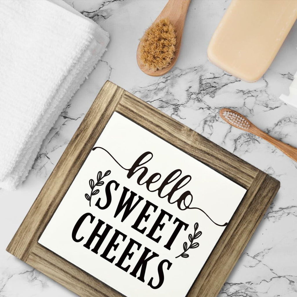 Farmhouse Rustic Wooden Bathroom Sign 'Hello Sweet Cheeks' Plaque