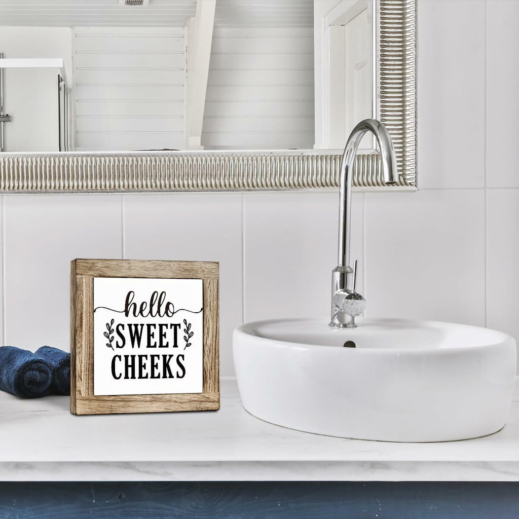 Farmhouse Rustic Wooden Bathroom Sign 'Hello Sweet Cheeks' Plaque