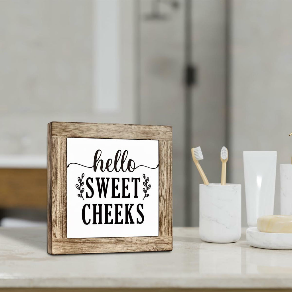 Farmhouse Rustic Wooden Bathroom Sign 'Hello Sweet Cheeks' Plaque