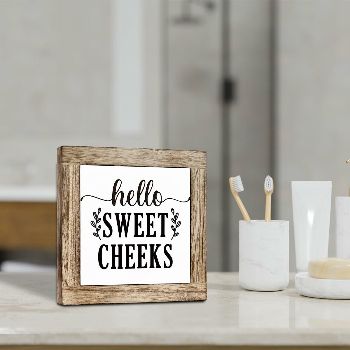 Farmhouse Rustic Wooden Bathroom Sign 'Hello Sweet Cheeks' Plaque