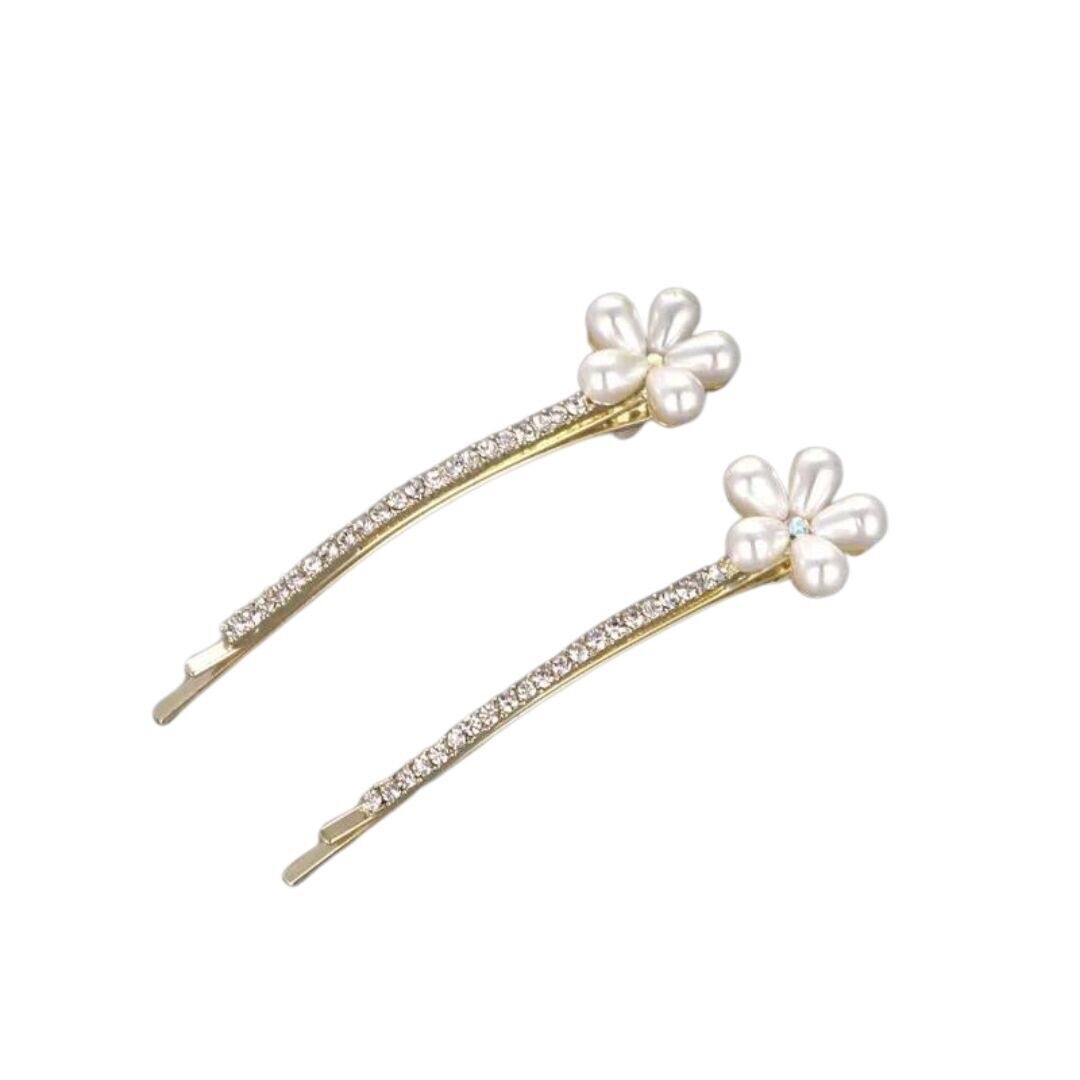 Pearls Flower With Rhinestones Bobby Pin Hair Clips Set